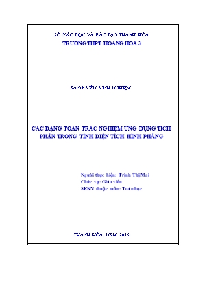 SKKN Các dạng toán trắc nghiệm ứng dụng tích phân trong tính diện tích hình phẳng