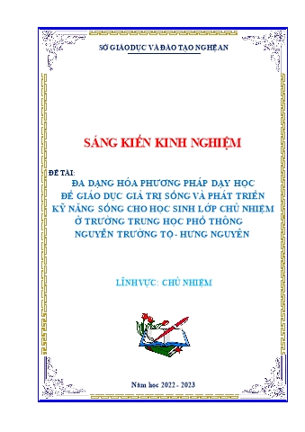 SKKN Đa dạng hóa phương pháp dạy học để giáo dục giá trị sống và phát triển kỹ năng sống cho học sinh lớp chủ nhiệm ở trường trung học phổ thông Nguyễn Trường Tộ - Hưng Nguyên