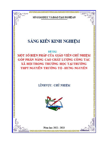 SKKN Một số biện pháp của giáo viên chủ nhiệm góp phần nâng cao chất lượng công tác xã hội trong trường học tại trường THPT Nguyễn Trường Tộ - Hưng Nguyên