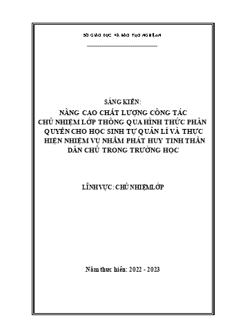 Sáng kiến Nâng cao chất lượng công tác chủ nhiệm lớp thông qua hình thức phân quyền cho học sinh tự quản lí và thực hiện nhiệm vụ nhằm phát huy tinh thần dân chủ trong trường học