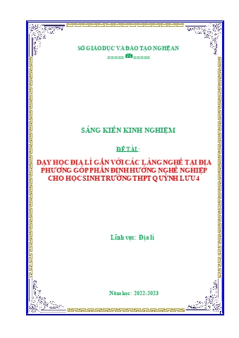 SKKN Dạy học địa lí gắn với các làng nghề tại địa phương góp phần định hướng nghề nghiệp cho học sinh trường THPT Quỳnh Lưu 4