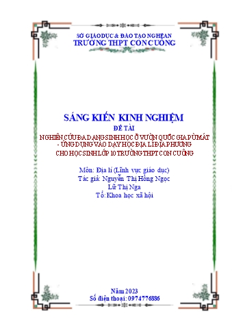 SKKN Nghiên cứu đa dạng sinh học ở vườn quốc gia Pù Mát - Ứng dụng vào dạy học địa lí địa phương cho học sinh Lớp 10 trường THPT Con Cuông