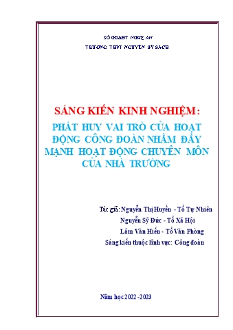 SKKN Phát huy vai trò của hoạt động công đoàn nhằm đẩy mạnh hoạt động chuyên môn của nhà trường