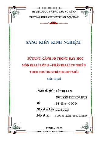 SKKN Sử dụng cảnh 3D trong dạy học môn Địa lí Lớp 10 phần Địa lí tự nhiên theo chương trình GDPT mới