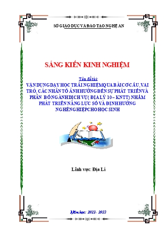 SKKN Vận dụng dạy học trải nghiệm qua bài cơ cấu, vai trò, các nhân tố ảnh hưởng đến sự phát triển và phân bố ngành dịch vụ (Địa lý 10 - KNTT) nhằm phát triển năng lực số và định hướng nghề nghiệp cho học sinh