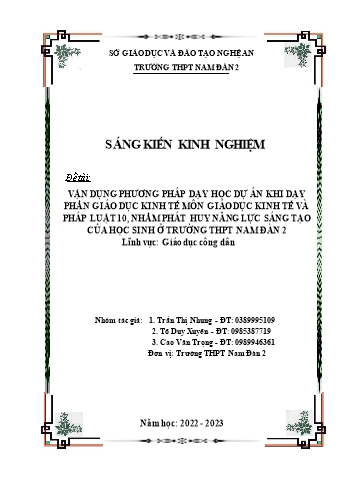 SKKN Vận dụng phương pháp dạy học dự án khi dạy phần Giáo dục kinh tế môn Giáo dục kinh tế và pháp luật 10, nhằm phát huy năng lực sáng tạo của học sinh ở trường THPT Nam Đàn 2