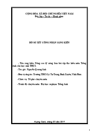 Đơn công nhận SKKN Nâng cao kỹ năng làm bài tập đọc hiểu môn Tiếng Anh cho học sinh THCS Đơn công nhận SKKN Nâng cao kỹ năng làm bài tập đọc hiểu môn Tiếng Anh cho học sinh THCS