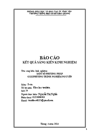 Sáng kiến kinh nghiệm Một số phương pháp giải phương trình nghiệm nguyên Sáng kiến kinh nghiệm Một số phương pháp giải phương trình nghiệm nguyên