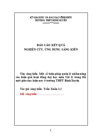 SKKN Một số biện pháp quản lý nhằm nâng cao hiệu quả hoạt động dạy học môn Vật lý trong đổi mới giáo dục hiện nay ở trường THPT Bình Xuyên